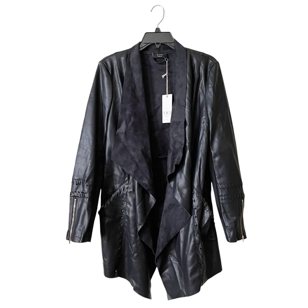 VICI Black Faux Leather Jacket Women's Size M Asymmetrical Zip Draped Coat NWT